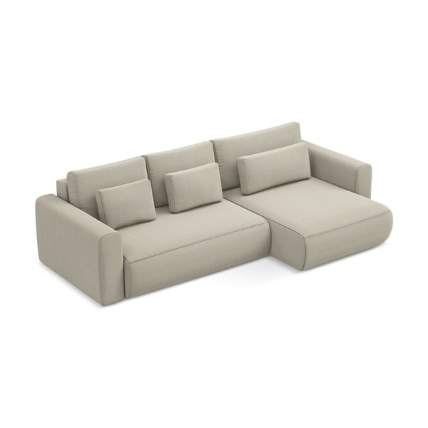 Divano angolare beige allungabile/con contenitore (con penisola a destra/con chaise lounge) con rivestimento in velluto Kapua – Makamii-image-2