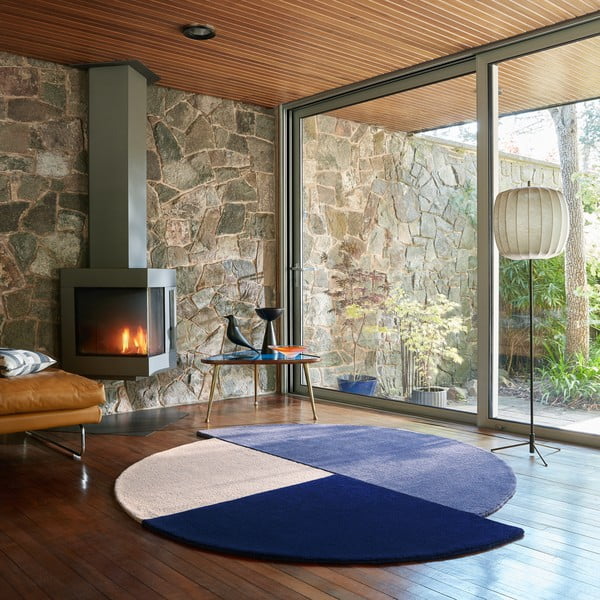 Tappeto rotondo blu in lana tessuto a mano ø 150 cm Mia Segment – Flair Rugs-image-1