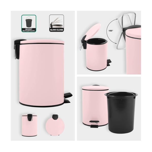 Cestino per la spazzatura rosa in acciaio con pedale 3 l   Adelar – Spirella-image-2