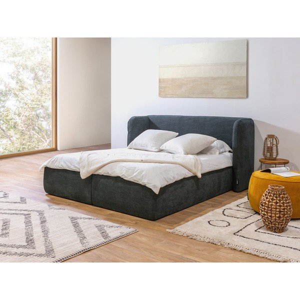 Letto matrimoniale imbottito blu scuro con contenitore con griglia 160x200 cm Louise - Bobochic Paris-image-1