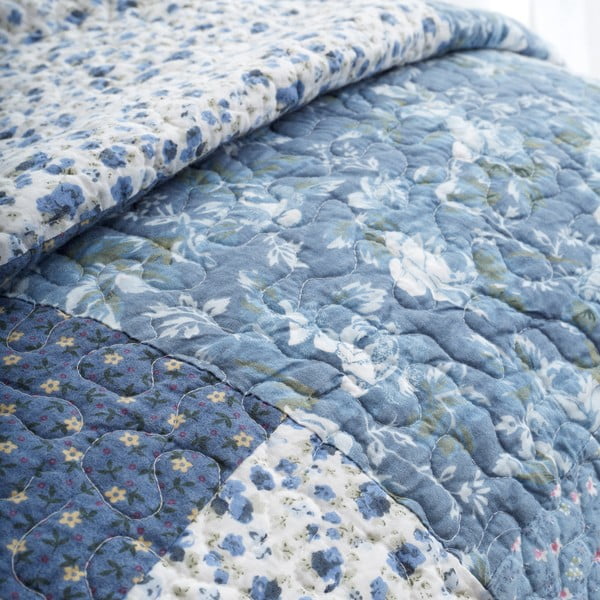 Copriletto trapuntato in cotone blu 220x230 cm Floral Patchwork - Bianca-image-1