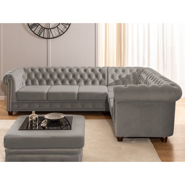 Divano angolare grigio allungabile (con penisola a destra/a L) con rivestimento in velluto York Blik – Ropez-image-4