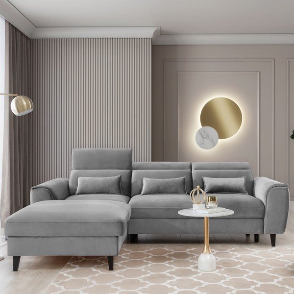 Divano angolare grigio allungabile/con contenitore (con penisola a sinistra/con chaise lounge) e rivestimento in velluto Foble – ELTAP-image-1