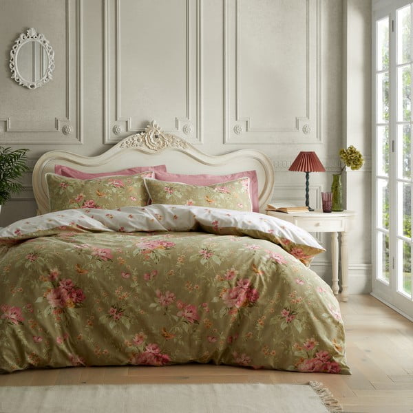Biancheria da letto bianca/verde per letto singolo 135x200 cm Penelope Floral – Catherine Lansfield-image-1
