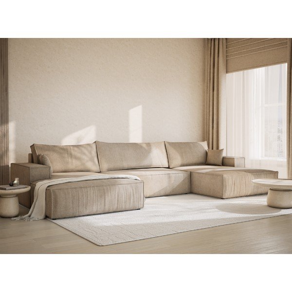 Divano angolare beige allungabile/con contenitore (a U) con rivestimento in ciniglia Kyoto – Maison de Rêve-image-1