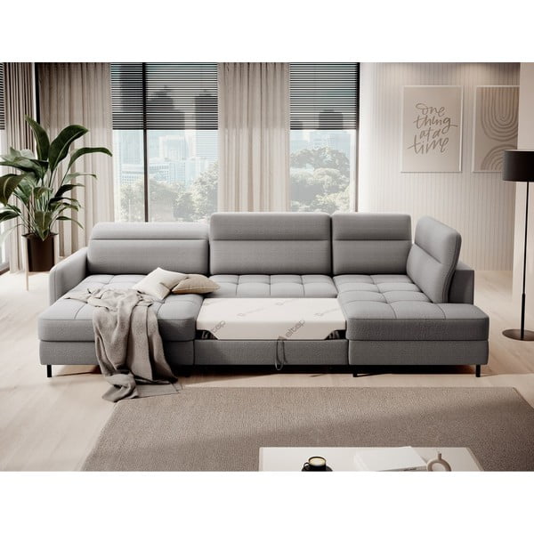 Divano angolare grigio chiaro allungabile/con contenitore (con penisola a destra/a U) e rivestimento in velluto Berrto – ELTAP-image-3