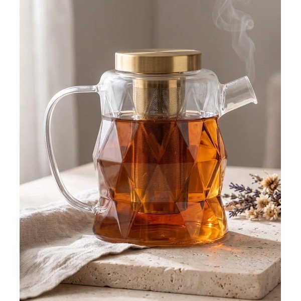 Teiera dorata in vetro con filtro 1,3 l Geo – Vialli Design-image-1