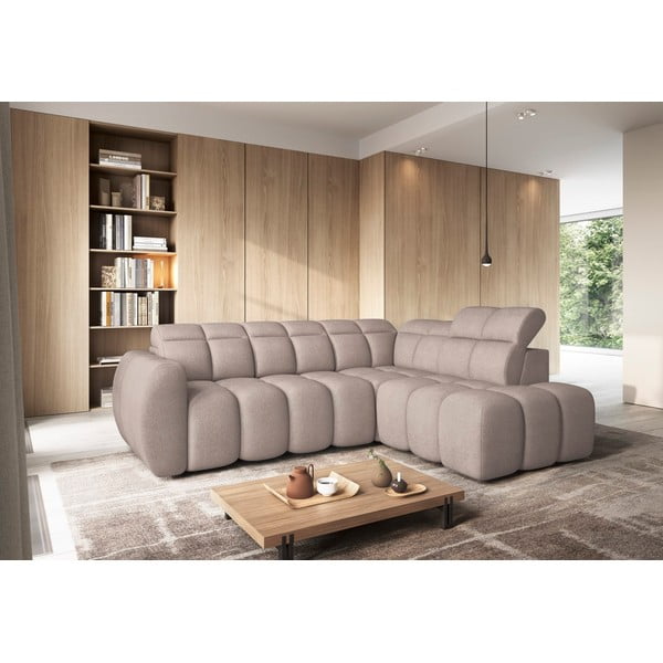 Divano angolare marrone chiaro allungabile/con contenitore (con penisola a destra/a L) e rivestimento in bouclé Falconn – ELTAP-image-1