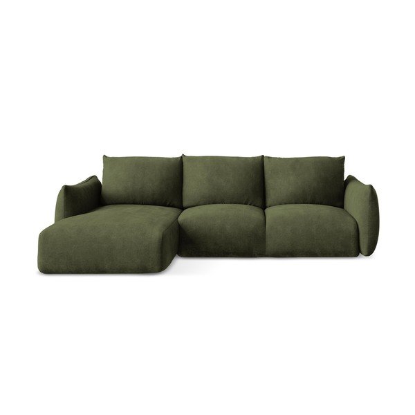 Divano angolare verde allungabile (con penisola a sinistra/con chaise lounge) con rivestimento in ciniglia Leila – Makamii