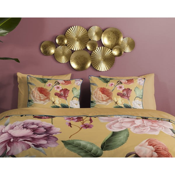 Set copripiumino e federa giallo ocra in raso di cotone per letto matrimoniale ed esteso 240x220 cm Fiori – Descanso-image-2