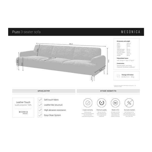 Divano in similpelle grigio, 240 cm Puzo - MESONICA-image-4