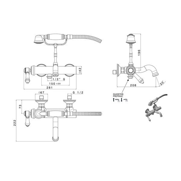 Rubinetto per vasca da bagno in argento lucido da parete (con due uscite) Vienna – Sapho-image-1