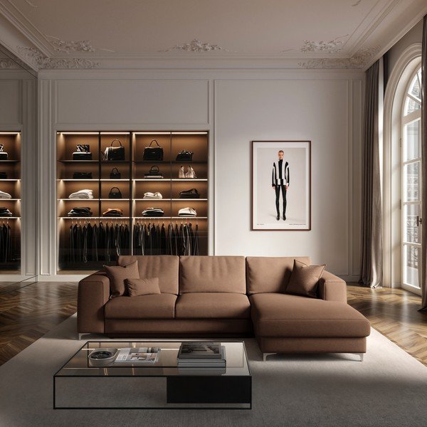 Divano angolare marrone allungabile e con contenitore (con penisola a destra e chaise lounge) rivestito in velluto Rene – Rodier-image-1