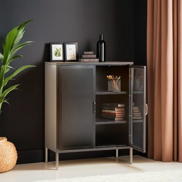 Vetrina grigia in acciaio 80x102x40 cm Acier – Premier Housewares-image-1