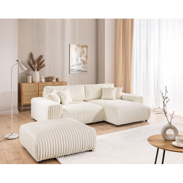 Poggiapiedi color crema con rivestimento in velluto a coste Justin – Ropez-image-3