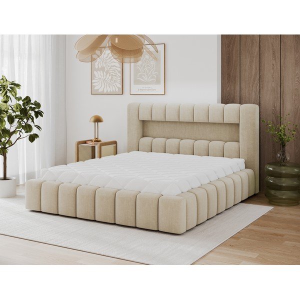 Letto matrimoniale imbottito beige con contenitore con rete inclusa 160x200 cm Lamica – ELTAP-image-2