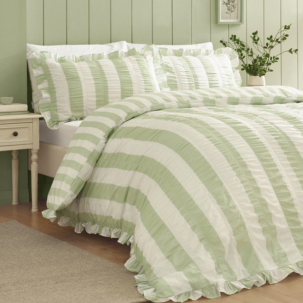 Set copripiumino e federa verde per letto singolo 135x200 cm Seersucker Frill Stripe – Catherine Lansfield-image-4