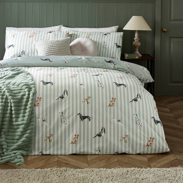 Set copripiumino e federa verde per letto singolo 135x200 cm Dog Stripe – Catherine Lansfield-image-2