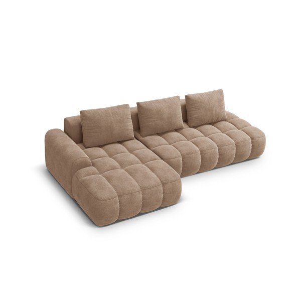 Divano angolare marrone chiaro allungabile/con contenitore (con penisola a sinistra/con chaise lounge) con rivestimento in velluto Linz – Cosmopolitan Design-image-3