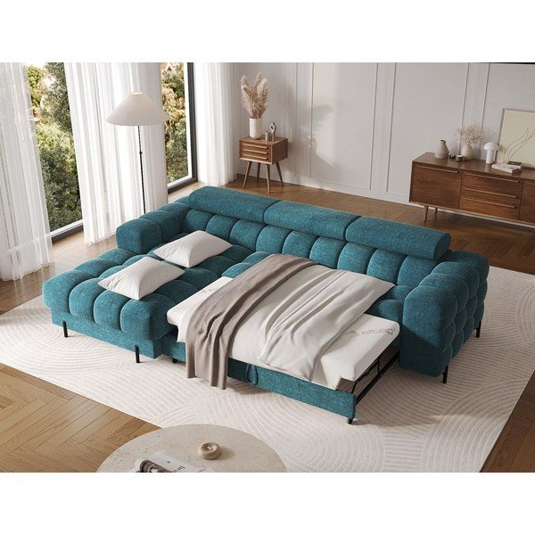 Divano angolare blu allungabile/con contenitore (con penisola a sinistra/con chaise lounge) con rivestimento in bouclé Felro – ELTAP-image-4