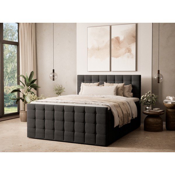 Letto boxspring color antracite con contenitore 200x200 cm Tasca – Maison de Rêve-image-1
