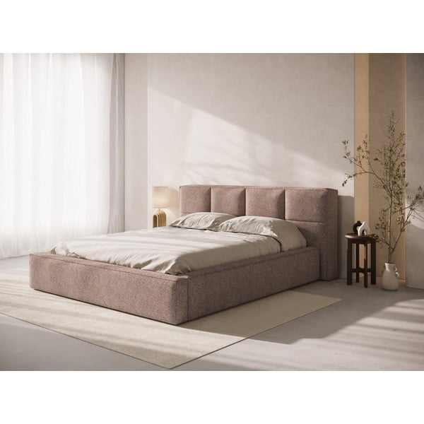 Letto matrimoniale imbottito rosa chiaro con contenitore e rete inclusi 200x200 cm Simon – Micadoni -image-1