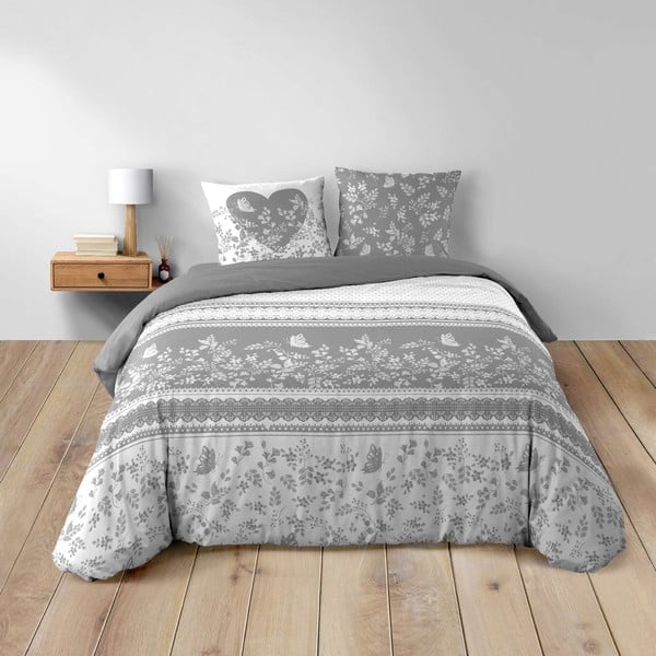 Set copripiumino e federa bianco/grigio in cotone per letto matrimoniale 200x200 cm Annie – douceur d'intérieur