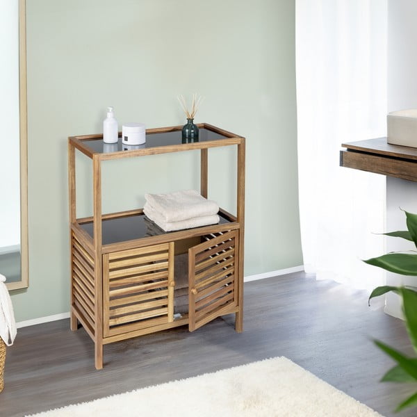 Mobile per bagno nero/di colore naturale in acacia massiccia basso 67,5x86 cm Fondi – Wenko-image-1