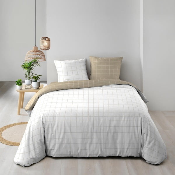 Set copripiumino e federa bianco/beige in cotone per letto matrimoniale 200x200 cm Cadria – douceur d'intérieur