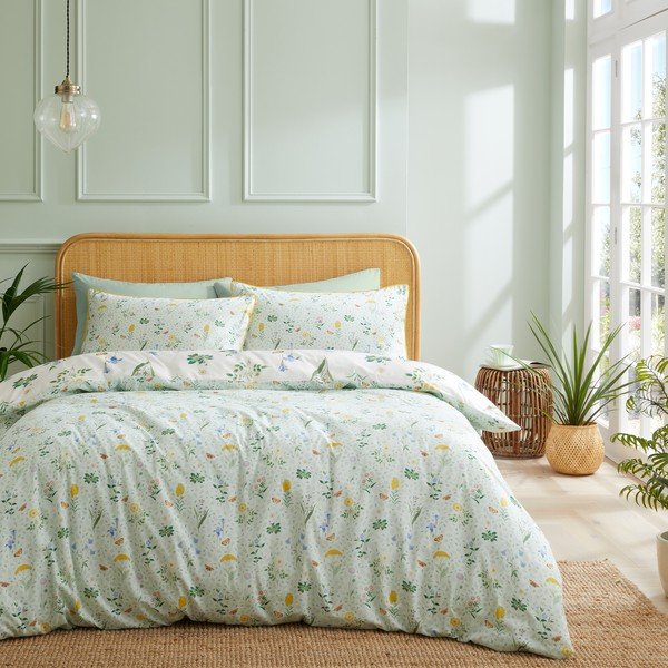 Biancheria da letto bianca/verde in cotone per letto matrimoniale/per letto esteso 230x220 cm Botanical Cottage Garden  – RHS-image-2