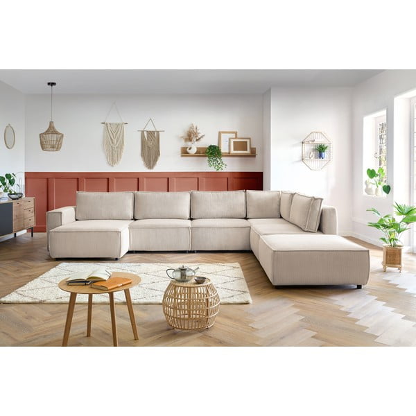 Divano a U angolare in velluto a coste color crema, angolo destro Nihad modular - Bobochic Paris-image-1