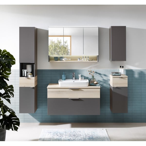 Mobile per bagno grigio e color naturale con effetto pino basso da appendere 72x30 cm Quickset 394 – Pelipal-image-1