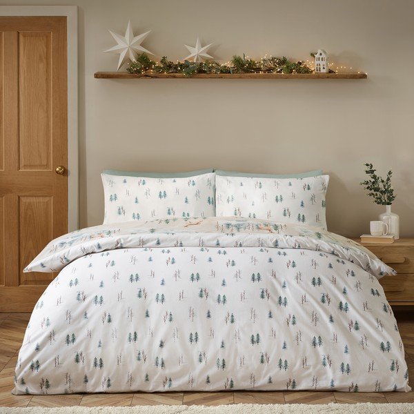 Set copripiumino e federa di colore naturale in flanella per letto singolo 135x200 cm Brushed Christmas Deer – Catherine Lansfield-image-1