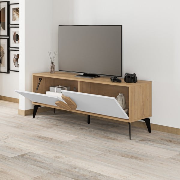 Tavolo TV in rovere decorato in bianco e naturale 140x51 cm Vae - Marckeric-image-4
