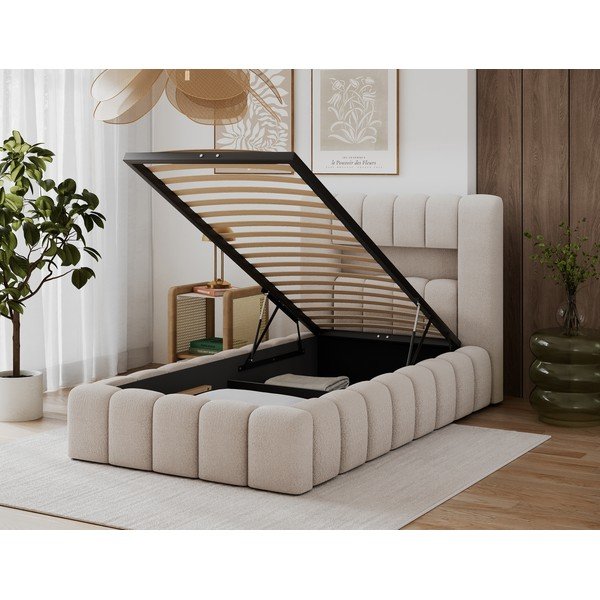Letto singolo imbottito beige con contenitore con rete inclusa 90x200 cm Lamica – ELTAP-image-4