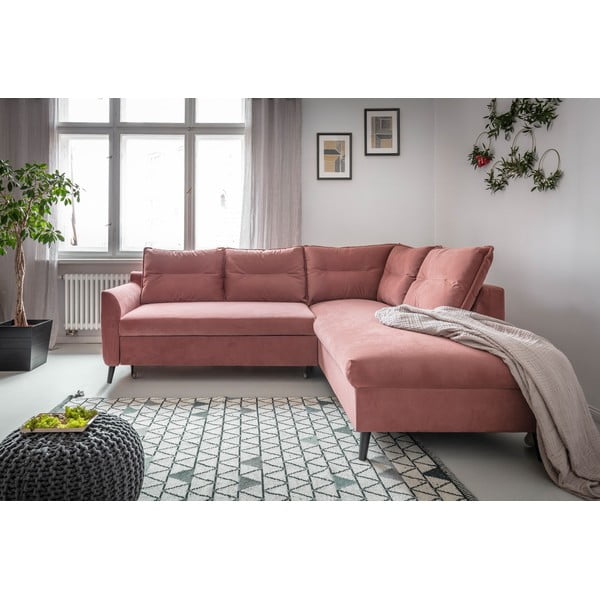 Divano letto angolare in velluto rosa L, angolo destro Stylish Stan - Miuform-image-1
