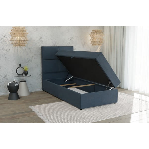 Letto singolo imbottito con contenitore blu scuro con materasso e topper inclusi 80x200 cm Lena – Ropez-image-3