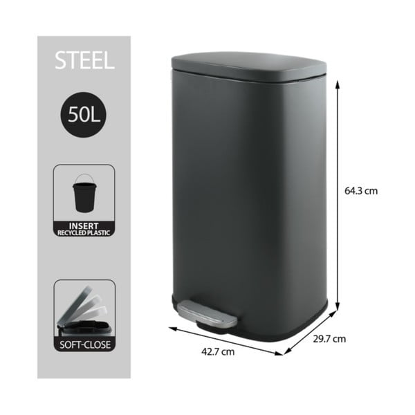 Cestino per la spazzatura grigio scuro in acciaio con pedale 50 l   Akira – Spirella-image-2