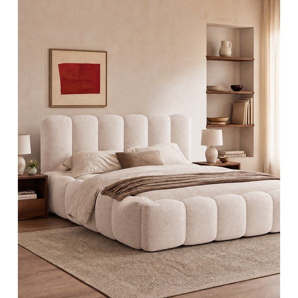 Letto matrimoniale imbottito color crema con contenitore con rete inclusa 180x200 cm Lupine – Micadoni -image-1