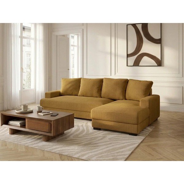 Divano angolare giallo allungabile/con contenitore (con penisola a destra/con chaise lounge) con rivestimento in velluto a coste Campi – Bobochic Paris-image-2