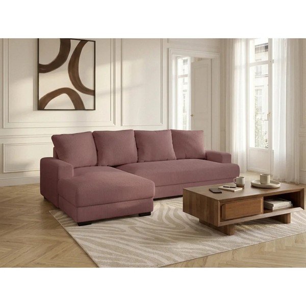 Divano angolare rosa allungabile/con contenitore (con penisola a sinistra/con chaise lounge) con rivestimento in velluto a coste Campi – Bobochic Paris-image-3