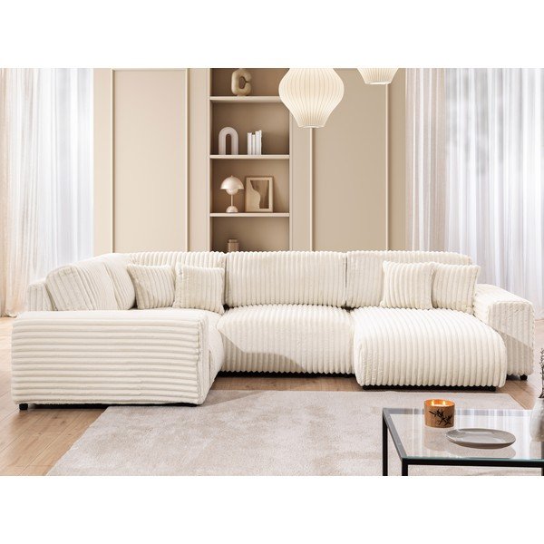 Divano angolare color crema (con penisola a sinistra/a U) rivestito in velluto a coste Justin – Ropez-image-1