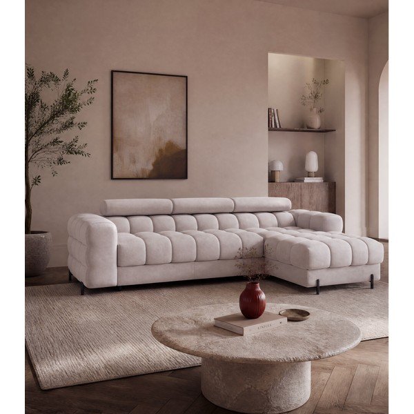 Divano angolare beige allungabile/con contenitore (con penisola a destra/con chaise lounge) e rivestimento in velluto Felro – ELTAP-image-1