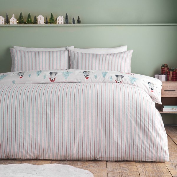 Set copripiumino e federa di colore naturale in flanella per letto singolo 135x200 cm Brushed Christmas Penguins – Catherine Lansfield-image-1