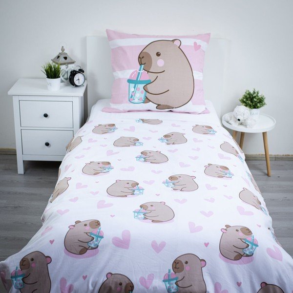 Set copripiumino e federa da bambini rosa in cotone per letto singolo 140x200 cm Kapybara – Jerry Fabrics-image-2