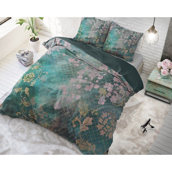 Biancheria da letto singola in cotone verde Tiran Flower, 140 x 200 cm - Pure Cotton-image-1