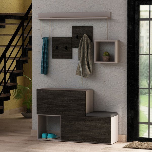 Set di scarpiere grigio scuro / panca e scaffale a muro con ripiano Holdon - Homitis-image-1