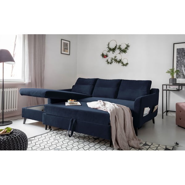 Divano letto angolare in velluto blu scuro, angolo sinistro Stylish Stan - Miuform-image-4