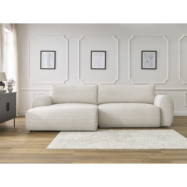 Divano angolare color crema allungabile (con penisola a sinistra) con rivestimento in velluto a coste Lucien – Bobochic Paris-image-1