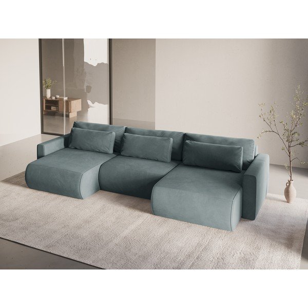 Divano angolare blu polveroso allungabile con contenitore (a U) e rivestimento in velluto Belfast – Cosmopolitan Design-image-1